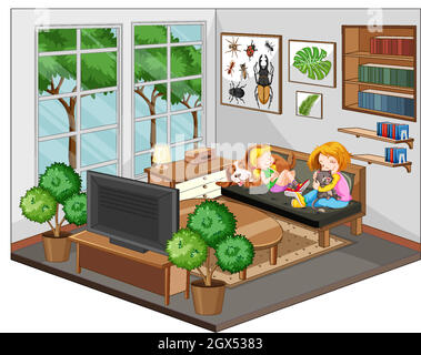 Mother and daughter in the living room with furnitures Stock Vector