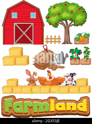 Set of farm items and many animals Stock Vector