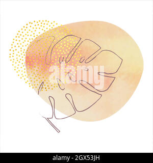 Pouring art geometric minimalist print. Modern painting abstract circle watercolor shapes with tropical leaves.  Gold surface, acrylic paint decoration Vector. Stock Vector