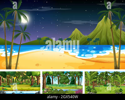 Set of different nature horizontal scenes Stock Vector