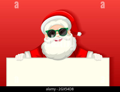 Cute Santa Claus wearing sunglasses cartoon character holding blank banner on red background Stock Vector