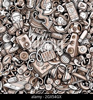 Cartoon doodles Audio content seamless pattern. Stock Vector