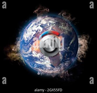 Adjusting the temperature on smoking hot Planet Earth, climate change and global warming concept. Some elements of the image provided by NASA. Stock Photo