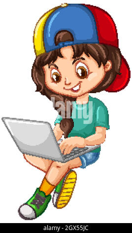 Girl in green shirt using laptop cartoon character isolated on white background Stock Vector