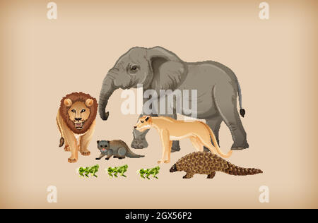 Group of wild animal on background Stock Vector