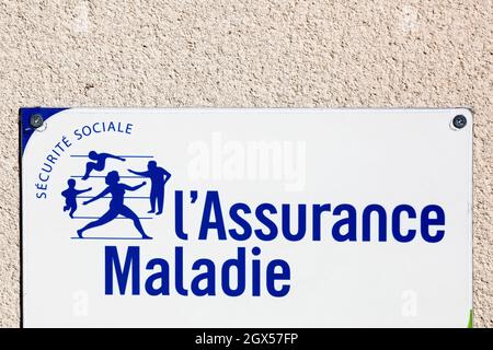 Jassans, France - March 8, 2020: French social security and Illness branch sign on a wall called Assurance Maladie in french language Stock Photo