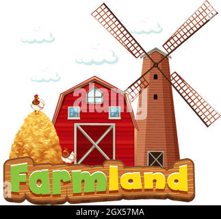 Word design for farmland with barn and windmill Stock Vector