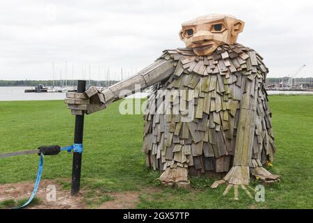 Horsens, Denmark - May 13, 2021: The recycle sculpture Troels The Troll Laura and Julian from Thomas Dambo in Horsens, Denmark Stock Photo