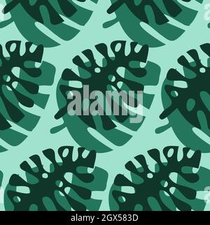 Monstera seamless pattern, large tropical leaf green color, vector illustration Stock Vector