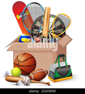 Cardboard box full of sport equipments on white background Stock Vector