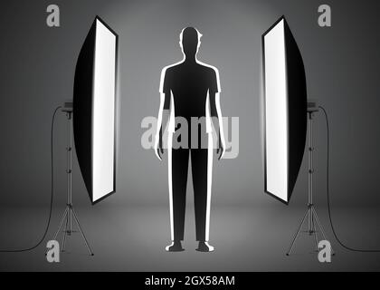 A man model standing between two strip softboxes in the photo studio lighting setup. Vector illustration. Stock Vector