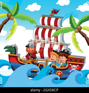 A Pirate with Happy Kids on Ship Stock Vector