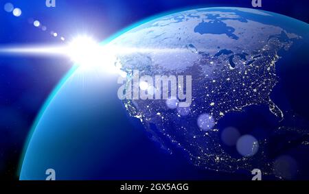 Earth, North America side - sun glare and city lights in the USA and Canada. Elements of this image furnished by NASA - 3D illustration Stock Photo