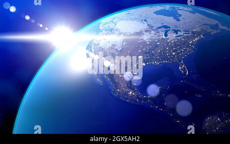 Earth, North America side - sun glare and city lights in major cities in the USA and Mexico. Elements of this image furnished by NASA - 3D illustratio Stock Photo