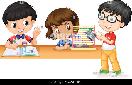 Little children with gadgets and books. Vector illustration on a white  background. Stock Vector