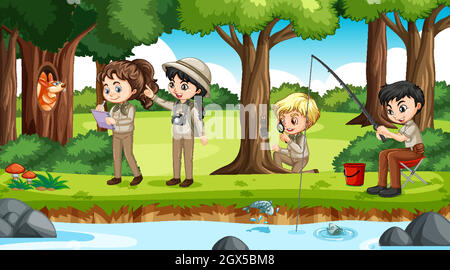 Camping in the forest scene with many children doing different activities Stock Vector