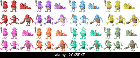 Set of colorful goblin or troll in different poses in cartoon character isolated Stock Vector