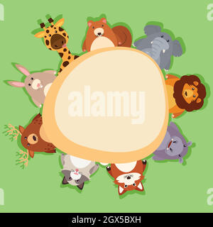 Border template with cute animals on green background Stock Vector