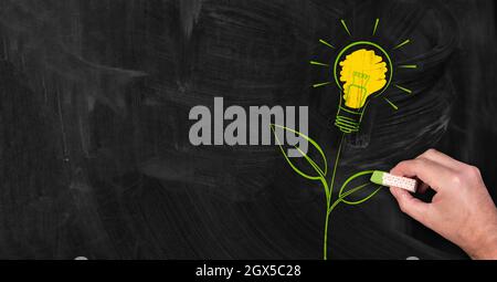 green energy concept, person drawing green plant with light bulb on blackboard Stock Photo