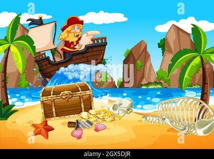 Scene with pirate sailaing in the ocean Stock Vector