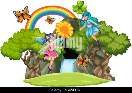 Fairy tales with waterfall cave and rainbow isolated on white background Stock Vector