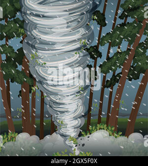 Vector illustration of tornado storm hit the town. Hurricane in village ...
