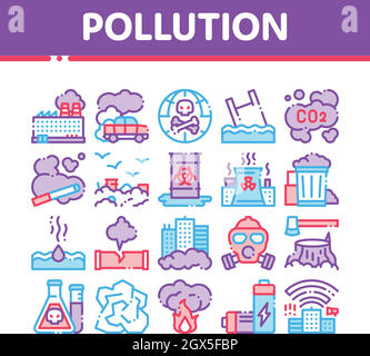 Pollution of Nature Vector Thin Line Icons Set Stock Vector