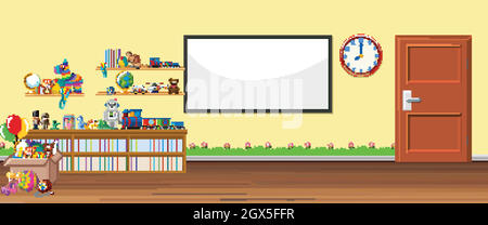 Background scene with whiteboard and toys Stock Vector