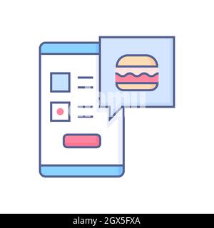 Online food ordering - modern line design style icon on white background. Neat detailed image of smartphone with an opened menu and an order basket co Stock Vector