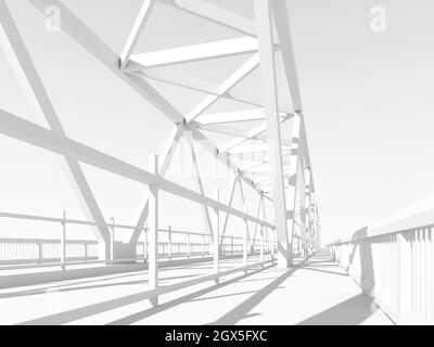 Modern truss bridge model, perspective view of a roadside. Black and white 3d rendering illustration Stock Photo