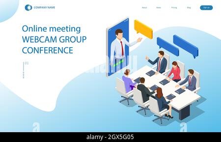 Isometric video conference. Online meeting work form home. Home office. Multiethnic business team. Stock Vector