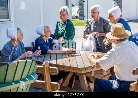 Sarasota Florida,Pinecraft Pine Craft,Amish,Mennonite,Bahia Vista Street,female women senior seniors citizens friends talking Stock Photo