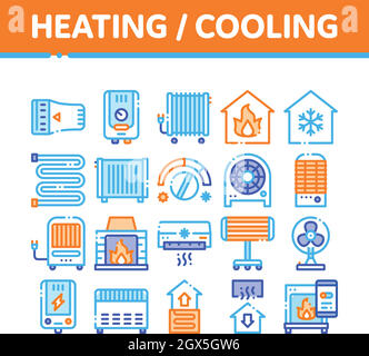 Heating And Cooling Collection Vector Icons Set Stock Vector