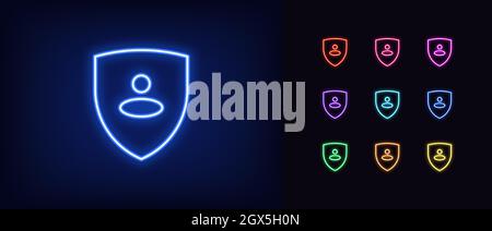 Outline neon shield icon with user. Glowing neon, personal guard sign, user security pictogram. Protection of personal data and information, secure ac Stock Vector