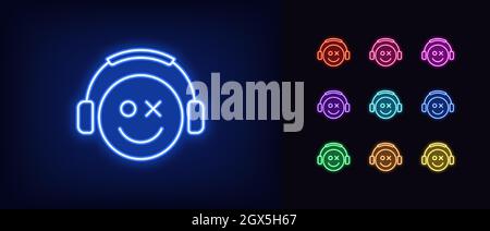 Outline neon gamer icon. Glowing neon emoticon gamer with headphones, esports geek logo. Gaming emoji, esports emoticon, arcade console video games. V Stock Vector