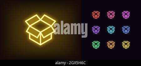Outline neon unbox icon. Glowing neon box sign, open package and cargo. Gift unboxing, goods unpacking, surprise, giveaway, new product. Vector icon s Stock Vector