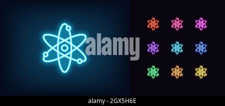 Outline neon atom icon. Glowing neon atom sign, logo science and physical structure. Atomic core with proton, neutron and electron. Scientific micro r Stock Vector