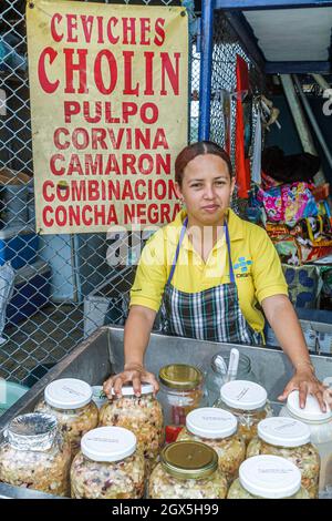 Panama City,Ancon,Mercado de Mariscos,market seafood vendor stall booth,selling Hispanic woman female ceviche food stall display sale,small business Stock Photo