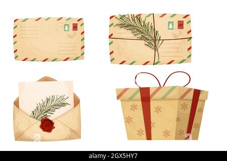 Set Christmas letters, envelopes with empty paper and red wax seal with Santa, pine branch, present box in cartoon style. Vintage, old correspondence. Stock Vector