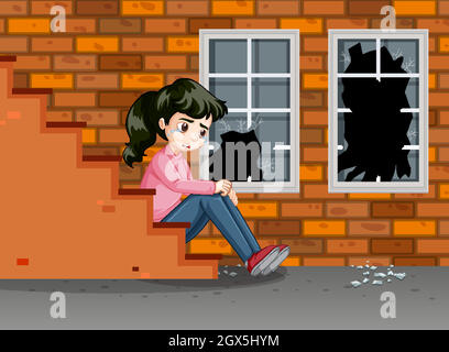 Scene with sad girl crying on the street Stock Vector