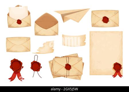 Set vintage envelope, letters, paper with red wax seal in cartoon style isolated on white background. Old grunge paper,textured. Antique mail, Stock Vector