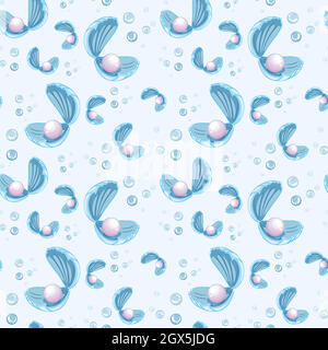 Seamless pearl in shell cartoon style on blue background Stock Vector