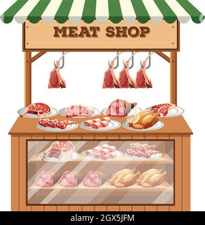 A butcher stall on white background Stock Vector