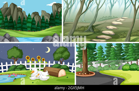 Four different scenes in nature setting cartoon style Stock Vector