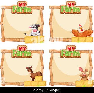 Border template design with many animals on the farm Stock Vector