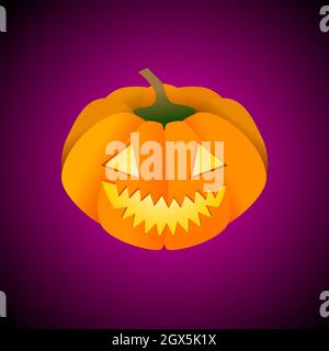 A pumpkin carved into a jack-o-lantern flat icon. Removable purple gradient background. For Halloween party invitations, advertisement banner, sales. Stock Vector