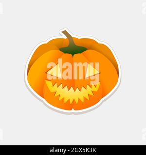 A pumpkin carved into a jack-o-lantern sticker icon. Removable gradient background. For Halloween party invitations, advertisement banner, sales. Stock Vector