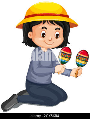 Happy girl playing maracas on white background Stock Vector