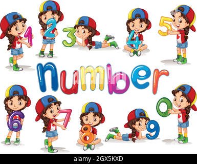 Girl and numbers zero to nine Stock Vector