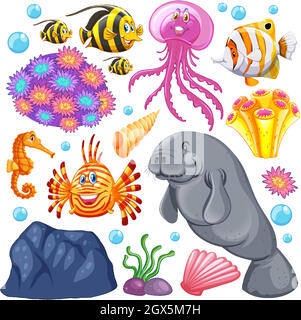 Set of sea creatures and corals on white background Stock Vector